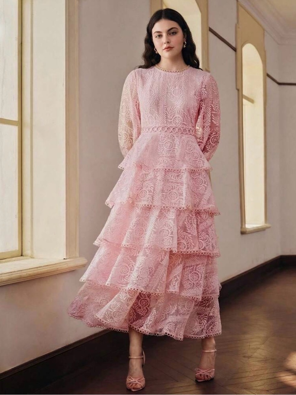 Romantic Pink Tiered Lace Maxi Dress